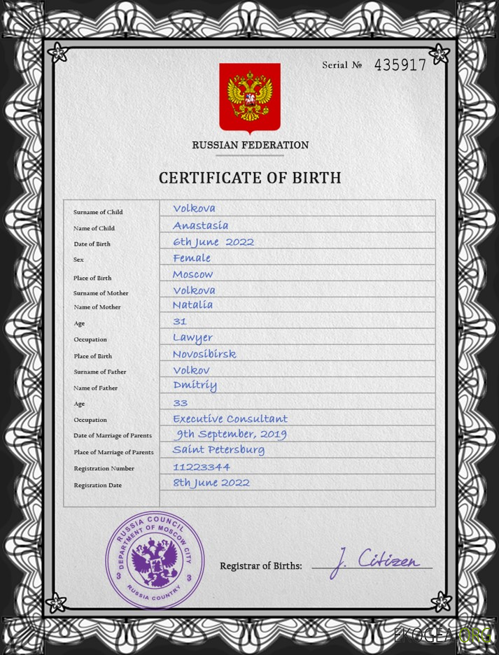 Modèle PSD de certificat de naissance de l'état civil de la Russie,